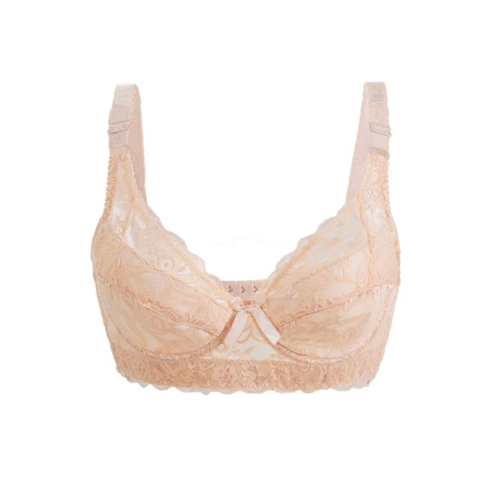 Floral Lace Cotton Cup Front Adjustable Straps Plus Size Bra Beige